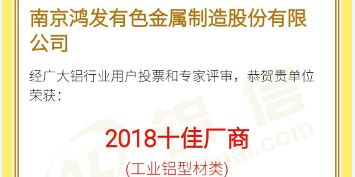 恭喜鴻發(fā)有色榮獲2018鋁行業(yè)十佳廠商！